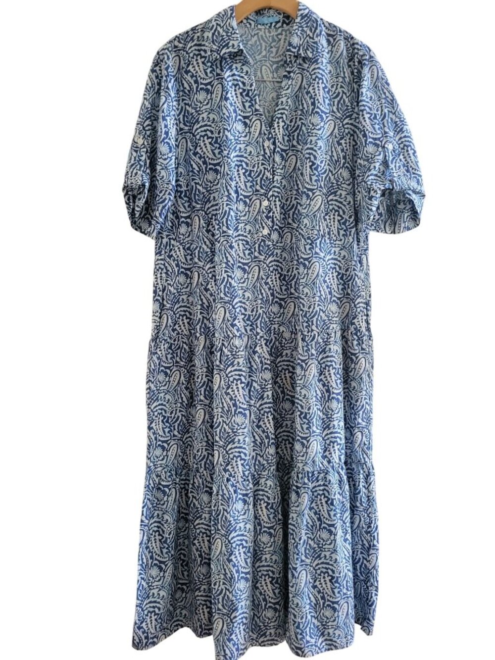 J. McLaughlin Janelle Blue Silk Blend Paisley Shirt Midi Dress size Large Preppy